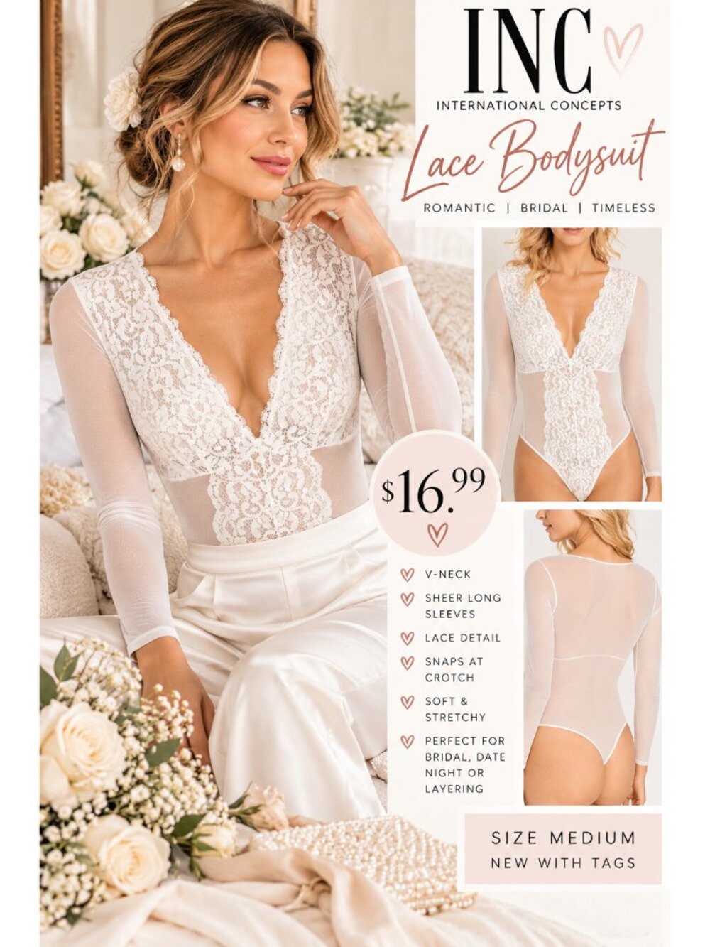 White Lace Bodysuit Bridal Bride Deep V Sheer Long Sleeve Romantic NWT Medium